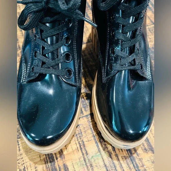 GIANNI BINI BLACK LUG SOLE CHUNKY COMBAT RUBBER RAIN BOOT WITH LACES - Picture 8 of 11